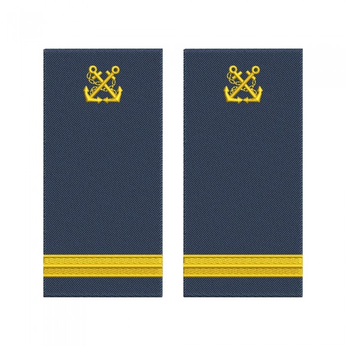 Grade Ofițer Port II ANR – Epoleți brodați cu fir auriu Grade Ofițer Port II ANR brodate cu fir auriu pe suport bleumarin – epoleți uniformă maritimă