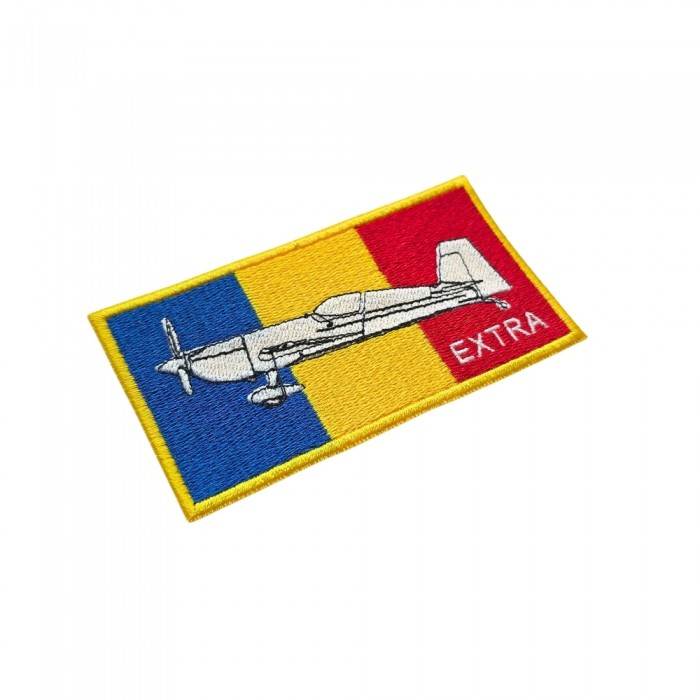 ecuson aviatie brodat EXTRApe fundal drapel romania cu contur galben, fixare velcro – patch uniformă zbor 