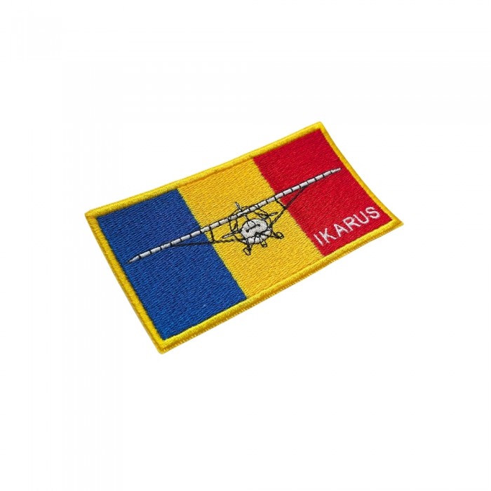 ecuson aviatie brodat IKARUS pe fundal drapel romania cu contur galben, fixare velcro – patch uniformă zbor 