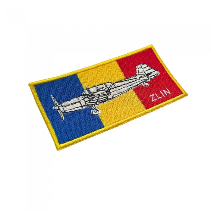 ecuson aviatie brodat ZLIN pe fundal drapel romania cu contur galben, fixare velcro – patch uniformă zbor 