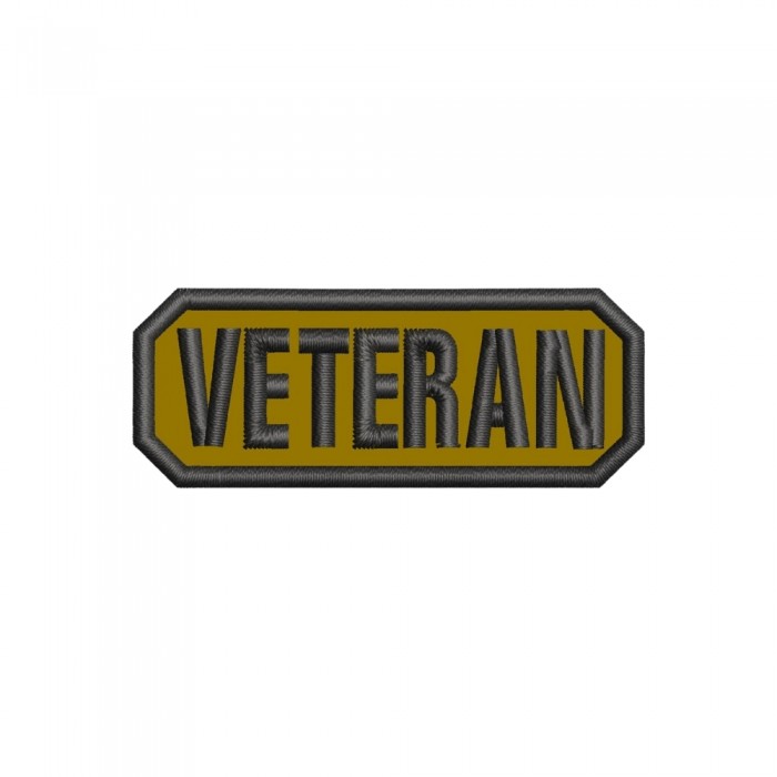 Ecuson Brodat Veteran 65x25mm  pentru uniformă militară, fond galben cu text maro și bordură închisă