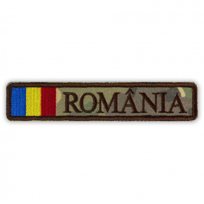 Ecuson brodat ROMANIA Forțe Terestre 14,5 x 2,5 cm tricolor pe fond camuflaj – dimensiune neoficială