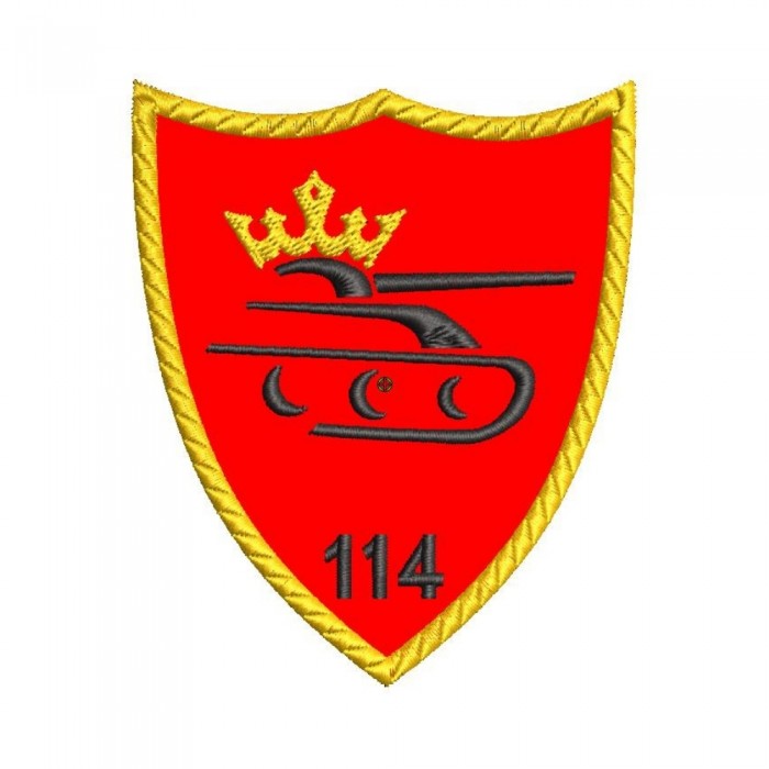 emblema brodată batalionul 114 tancuri petru cercel kaki roșu bej 80x65 mm scai