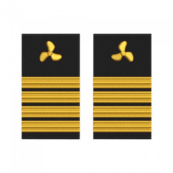 Grade brodate Chief Engineer cu elice– Marina Comercială – pereche 100x55 mm, fir auriu brodat pe fond negru