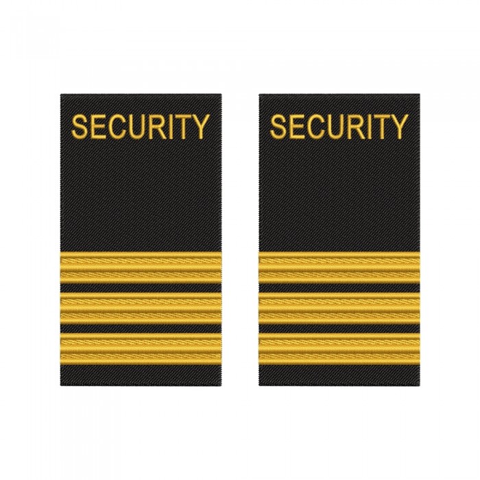Grade brodate Security Officer marina comercială – fir brodat galben pe suport negru Grade brodate Security Officer – galon fir auriu pentru uniformă marina comercială – epoleți brodați calitate premium